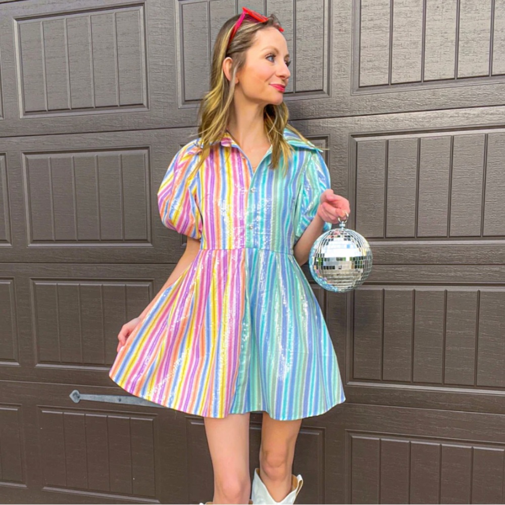 QUEEN OF SPARKLES Pastel Rainbow Sequin Stripe Mini Dress with Puff Sleeves